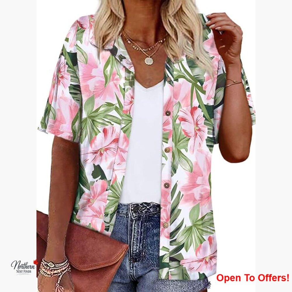 Polyester Blend Hawaiian Shirt with Coconut Buttons, V-Neck Short Sleeve